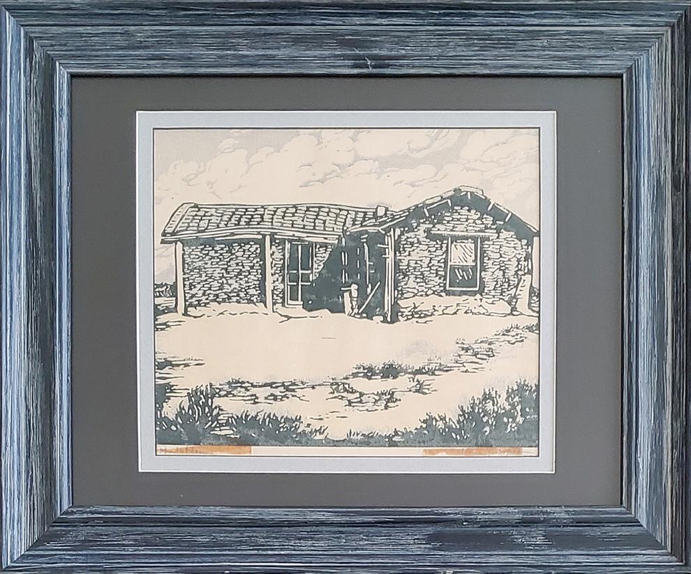 Whittemore, Margaret - color woodcut, fair condition,: This original color woodcut print by (signed) Margaret Whittemore (1897-1983) titled "Sod House" measures 7.75x9.5, in fair condition, tape residue in lower margin and some of image is matted over. To