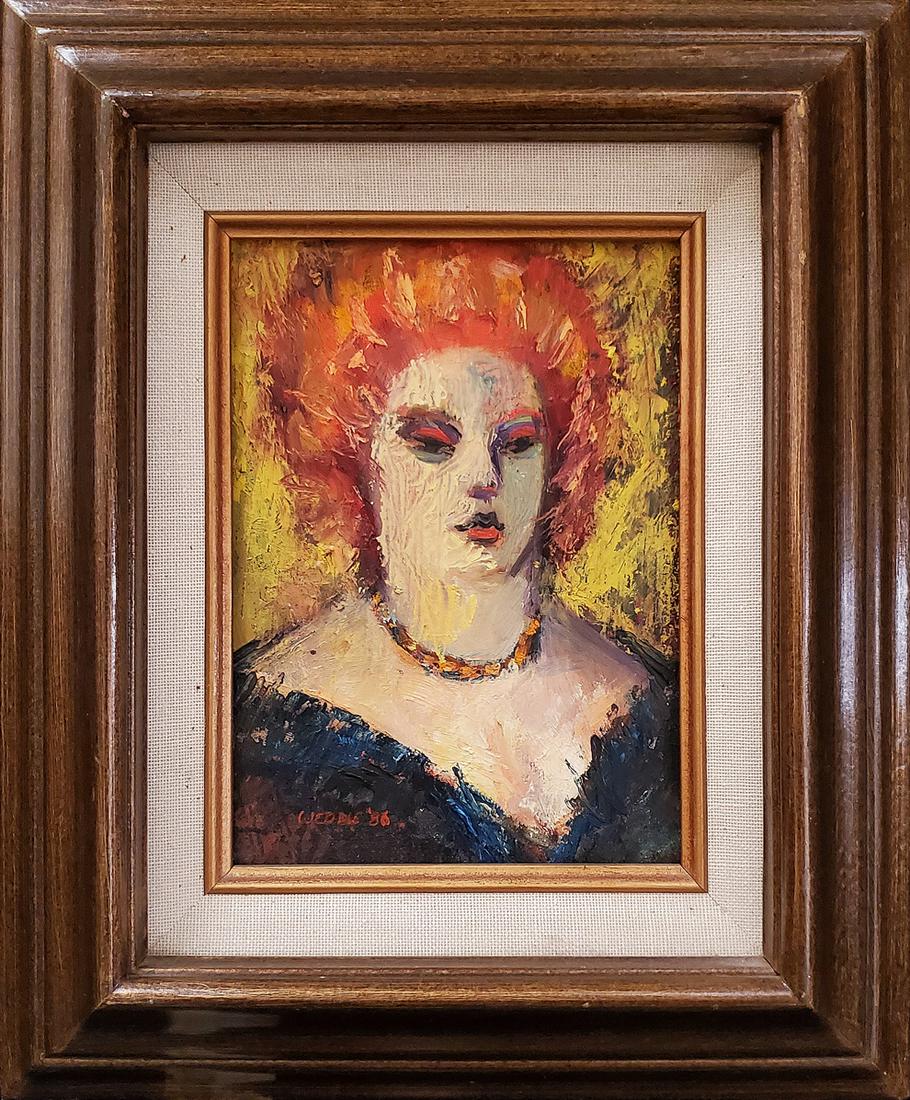 Weddle, Don - oil on masonite, good condition, 7x5.25.: "Madam Scarlet" is oil on masonite, in good condition, signed "Weddle '86" lower left, measuring 7x5.25. Total dimensons are 12x9.75x2. Maurice Donald Weddle was born in Miami, Florida in 1923, but sp