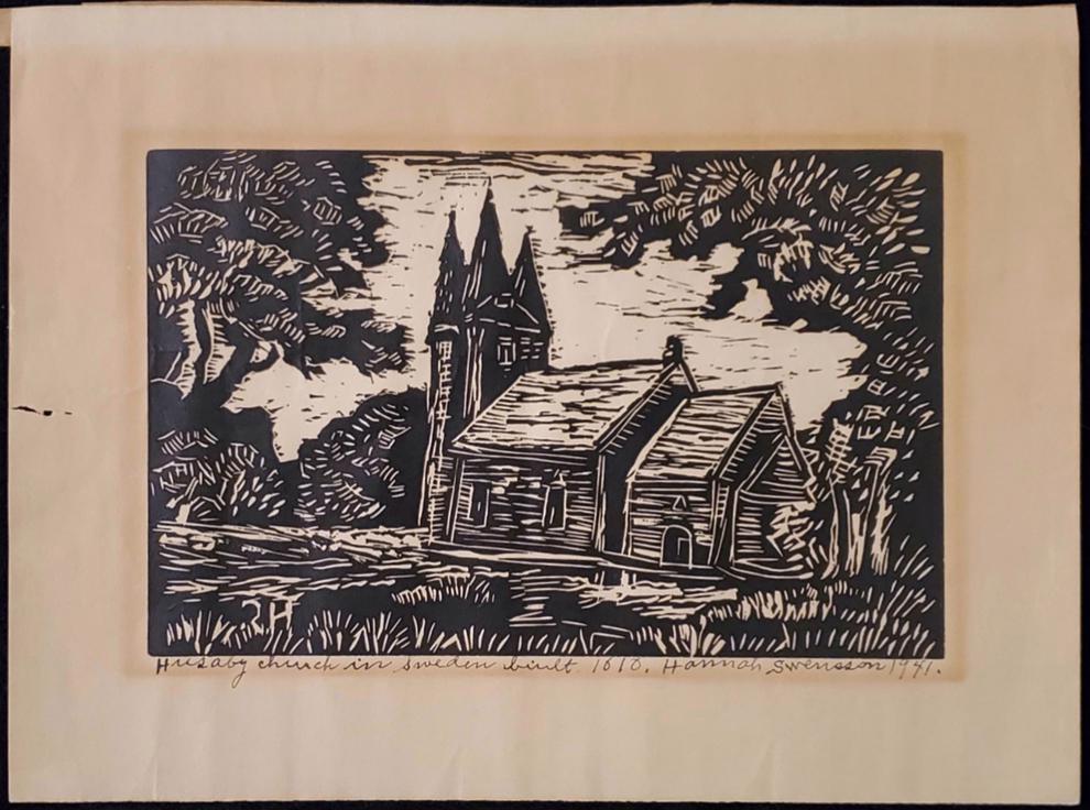 Husaby Church - Swensson, Hannah: Swensson, Hannah, Lino-cut, signature: pen signed lower right, Husaby Church,1941, image dimensions:5.75 x 9, total dimensions:9 x 12, unmatted or framed