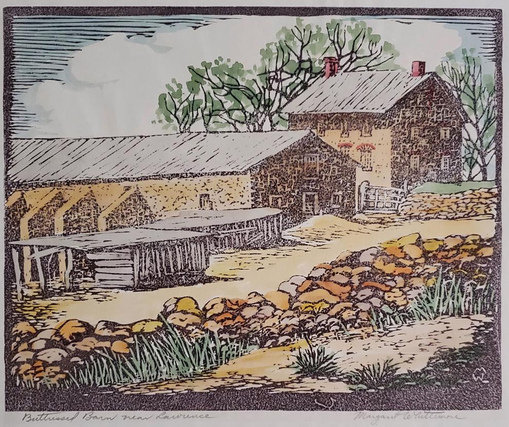 Buttressed Barn near Lawrence - Whittemore, Margaret: Whittemore, Margaret 1897-1983), reduction, signature: Margaret Whittimore, Buttressed Barn near Lawrence, image dimensions:9 x 11, total dimensions:, weight:lb Graphic artist, Margaret Whittemore was