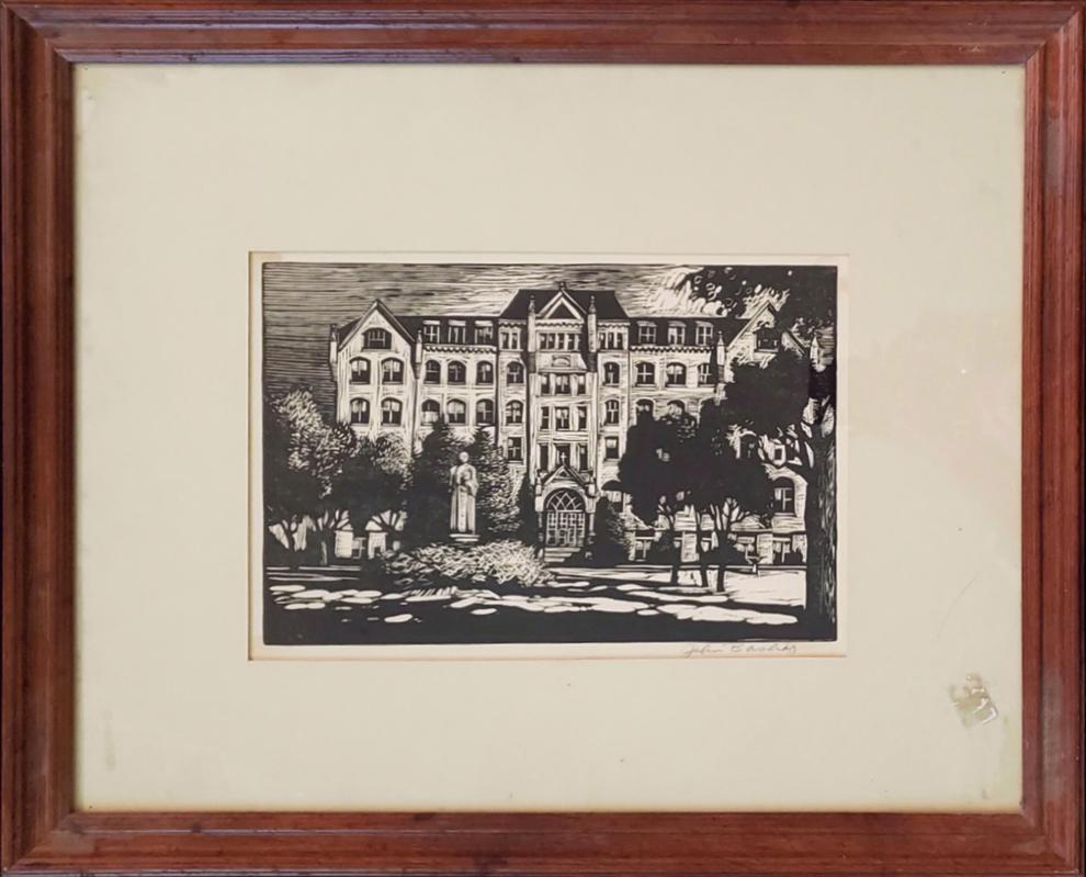 Old Main - Bashor, John: Bashor, John, Lino-cut, signature: Pencil signed in lower right, "Old Main", image dimensions:8 x 12, total dimensions:18 x 22 x .75, weight:4.3lb