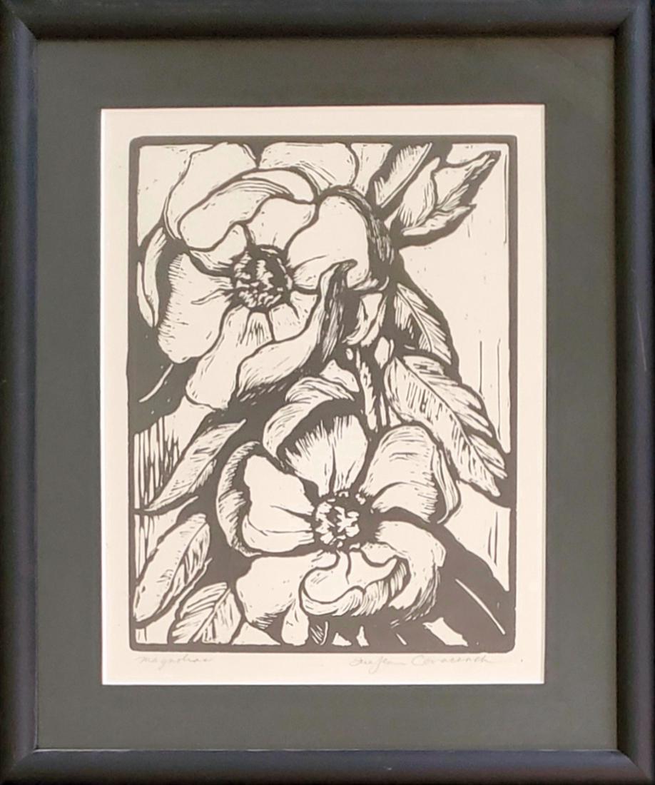Magnolias - Covacevich, Sue Jean: Covacevich, Sue Jean, lino-cut, signature: Sue Jean Covacevich pencil signed lower right, good condition, "Magnolias", image dimensions:9.5 x 7.25, total dimensions:14.5 x 12 x .75, weight:1.8