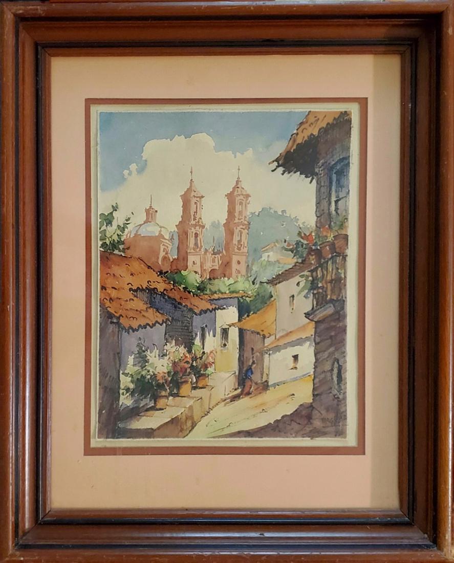 Mexico Cathedral - Mags: Mags, Watercolor, signature: Mags lower right, Mexico Cathedral, image dimensions:12.25 x 9.5, total dimensions:20.75 x 16.5 x 2.25, weight:4.5lb