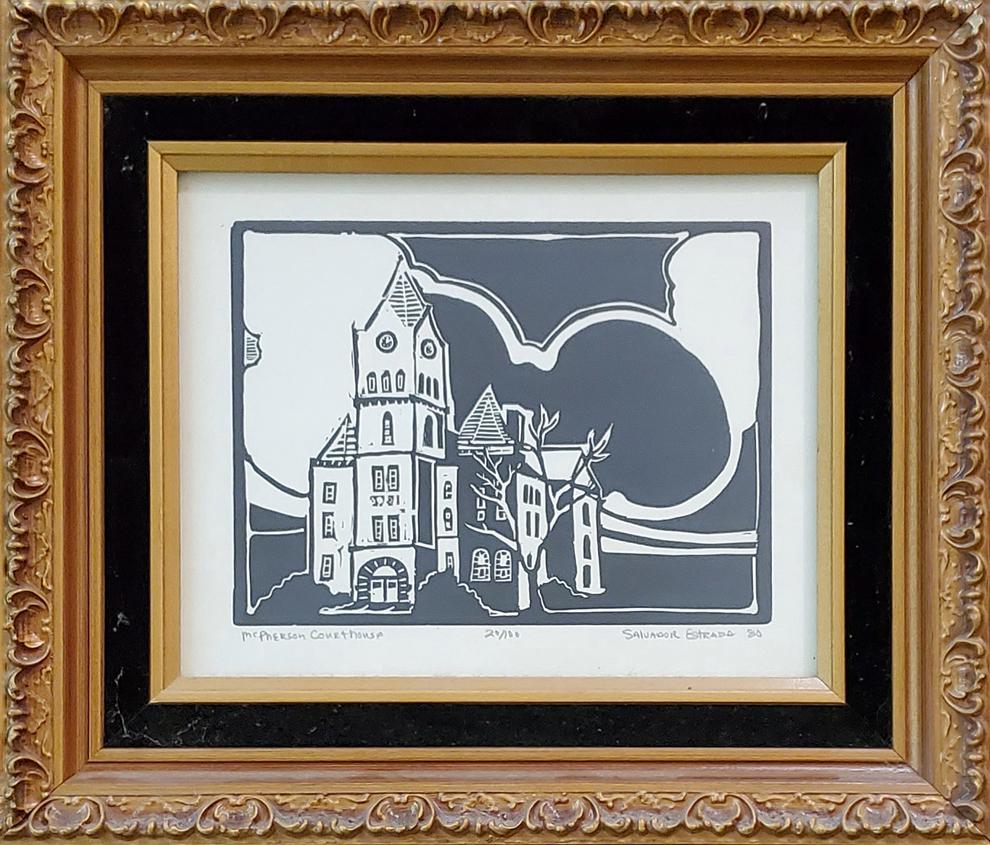 McPherson Courthouse - Estrada, Salvador: Estrada, Salvador, Lino-cut, signature: pencil signed Salvado Estrada lower right, good condition, "McPherson Courthouse",1980, image dimensions:6 x 8, total dimensions:12.25 x 14 x 1.25, weight:2.1lb