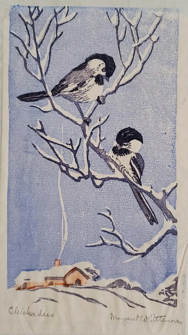 Chickadees - Whittemore, Margaret: Whittemore, Margaret (1897-1983), reduction, signature: Margaret Whittimore, Chickadees, image dimensions:4.5 x 7.75, total dimensions:, weight:lb Graphic artist, Margaret Whittemore was born into a f
