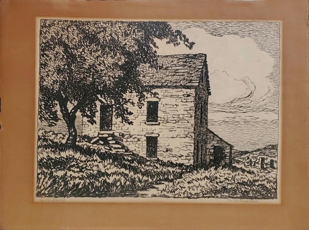 The Old Farmstead - Deere, Lydia: Deere, Lydia, Lithograph, signature: pencil signed lower left, poor condition acid burned, "The Old Farmstead", image dimensions:11 x15, total dimensions:14.25 x 19.25, weight:lb