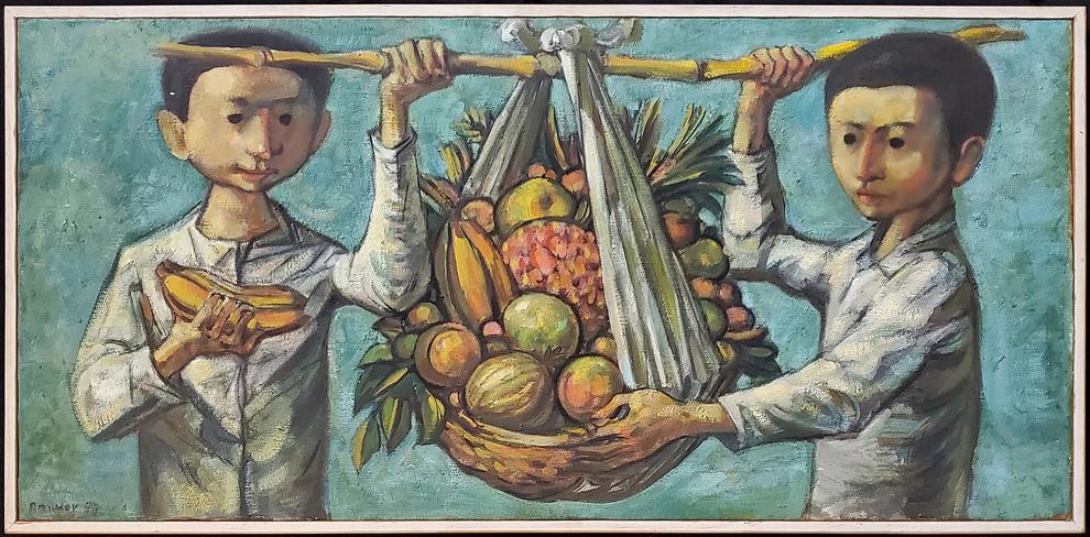 Market place - Raymer, Lester: Raymer, Lester, oil on canvas, signature: signed Raymer in lower left, good condition, market place,1959, image dimensions:, total dimensions:17.25 x 35.5 x 1.25, weight:4.2lb