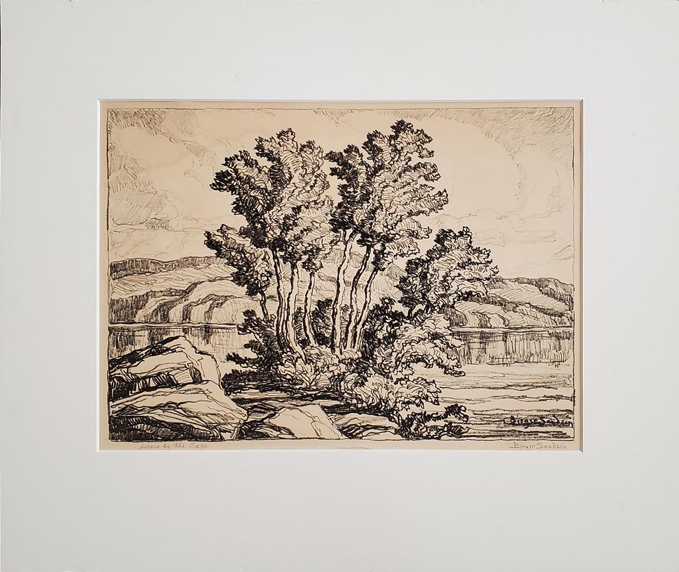Birger Sandzen, lithograph,: Birger Sandzen, lithograph, "Aspens by the Lake" pencil signed, condition: good, image size: 10x14 total dimensions: 17.25x20.5x.25 weight in lbs: 0.5