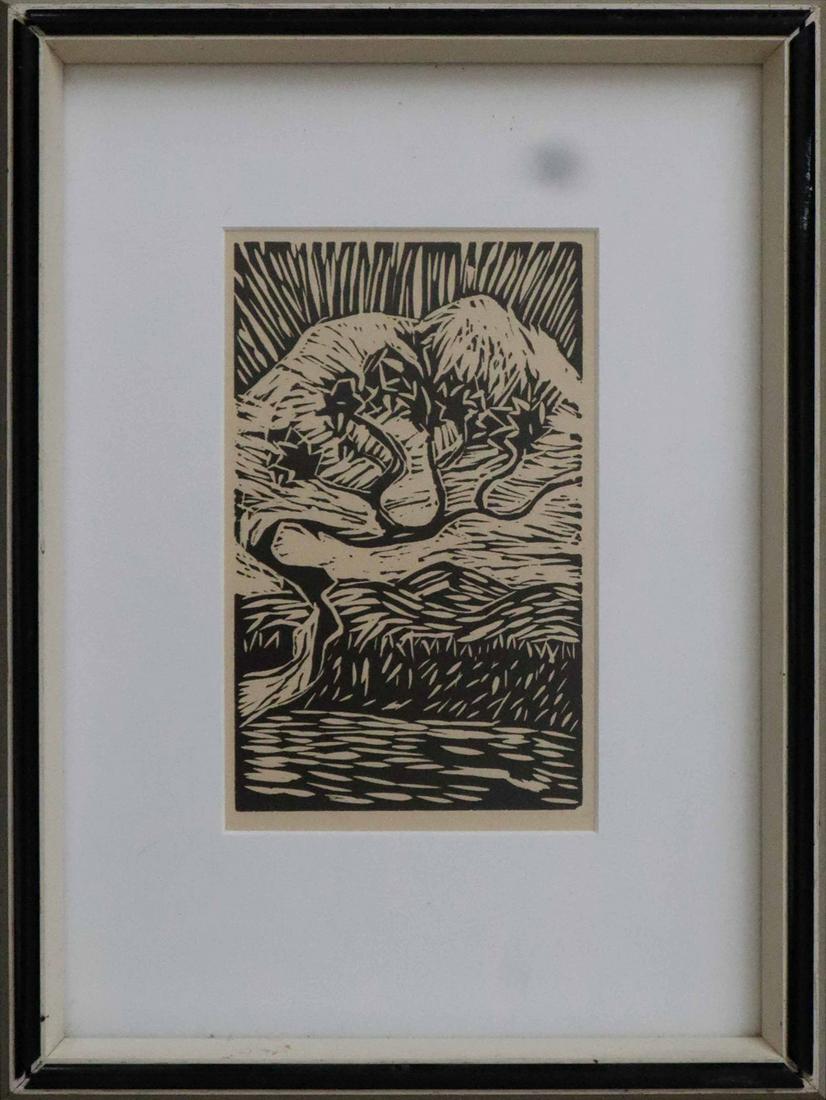 Hannah Swensson, linocut,: Hannah Swensson, linocut, "Pine Cal" unsigned, condition: good, image size: 6x3.75 total dimensions: 12x9x1.5 weight in lbs: 1.2