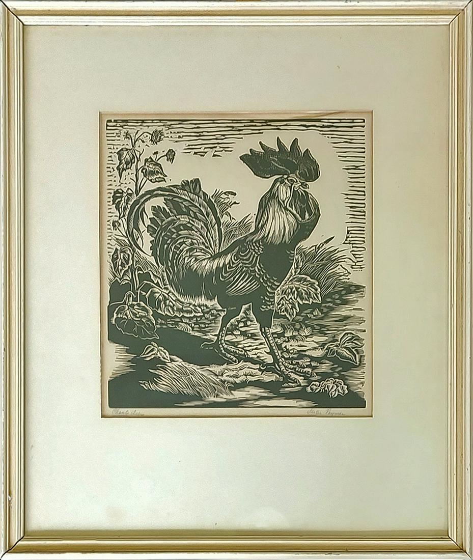 Lester Raymer, linocut,: Lester Raymer, linocut, "Chanticleer" pencil signed, condition: good, over all toning, image size: 10x9 total dimensions: 19.25x14.25x1.25 weight in lbs: 7