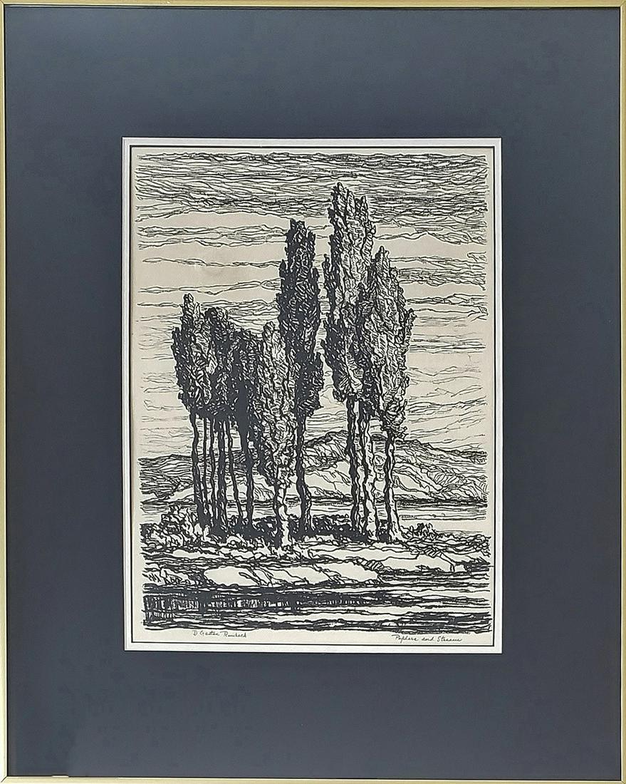 Dolores Runbeck, lithograph,: Dolores Runbeck, lithograph, "Poplars and Stream," pencil signed, condition: good, image size: 17.25x12.25 total dimensions: 28.25x22.25x1 weight in lbs: 5.6