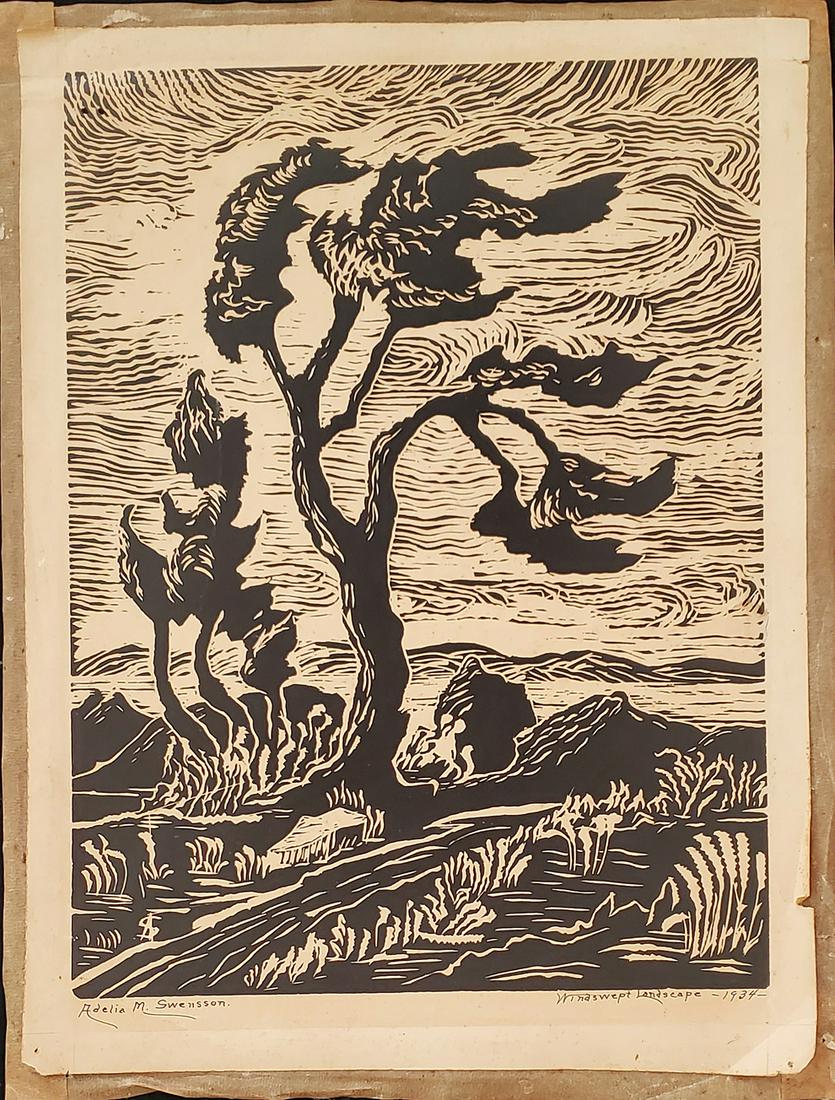 Adelia Swensson, linocut,: Adelia Swensson, linocut, Windswept Landscape pencil signed, condition: fair, overall toning, tears in image, masking tape around edges, image size: 12x9 total dimensions: 13.5x10 weight in lbs: 0