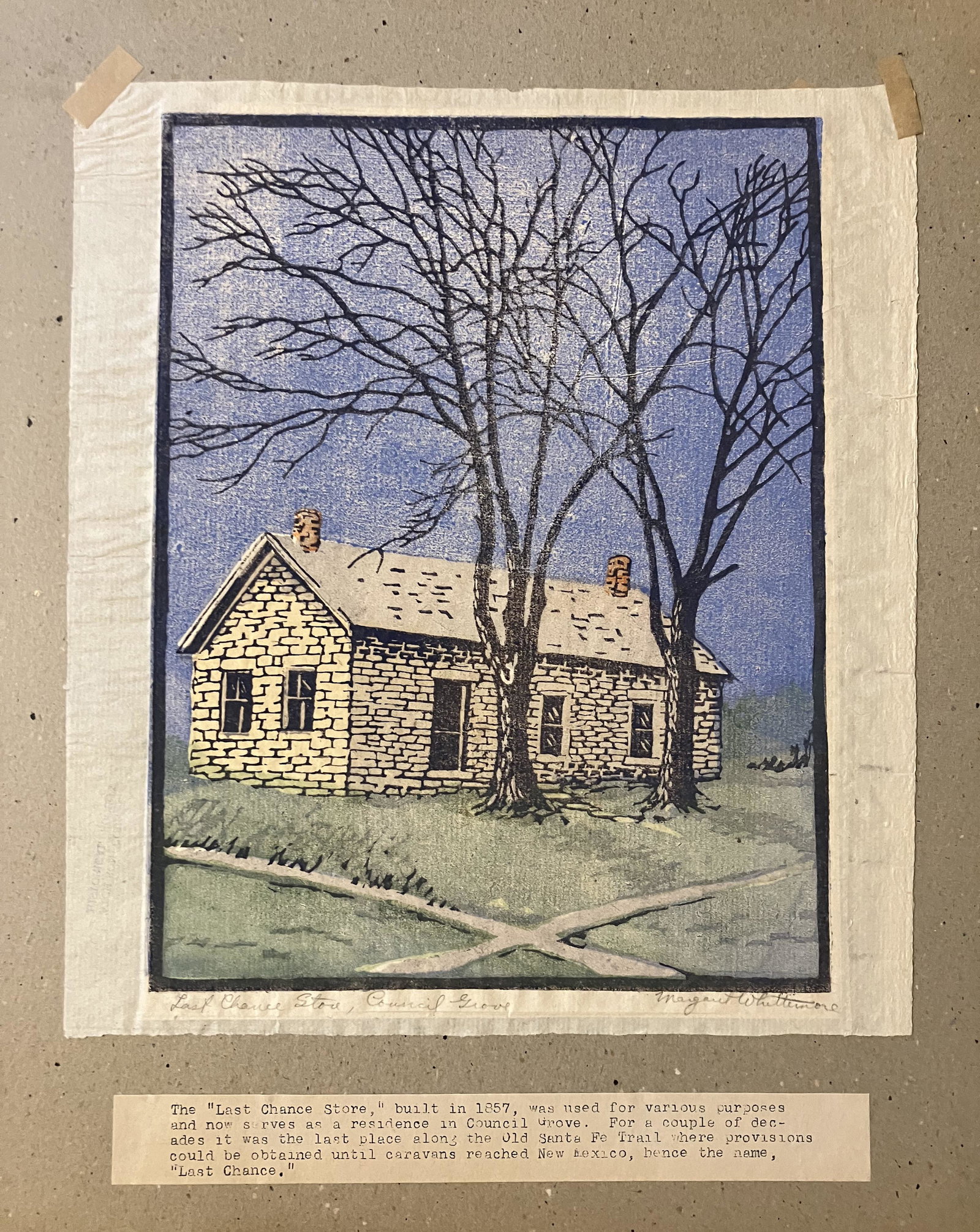 Whittemore, Margaret (1897-1983), "Last Chance Store-Council Grove" color wood block print: Margaret Whittemore (1897-1983) color wood block print, " Last Chance Store, Council Grove," good, clean condition with no blemishes Graphic artist, Margaret Whittemore was born into a family of Washb