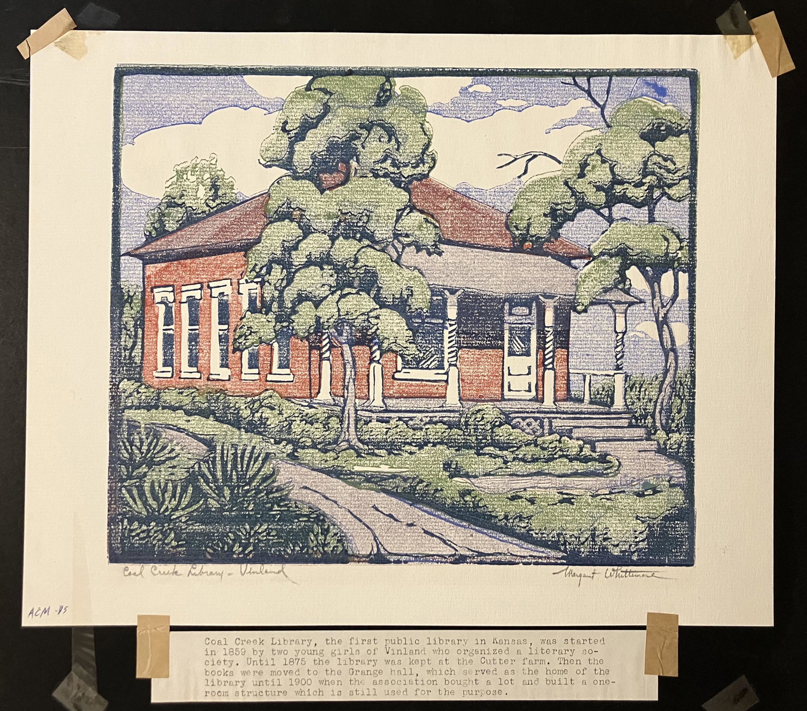 Whittemore, Margaret (1897-1983) "Coal Creek-Vinland" color wood block print: Margaret Whittemore (1897-1983) color wood block print, " Coal Creak Library, Vinland" good, clean print with no blemishes, signed lower right Graphic artist, Margaret Whittemore was born into a famil