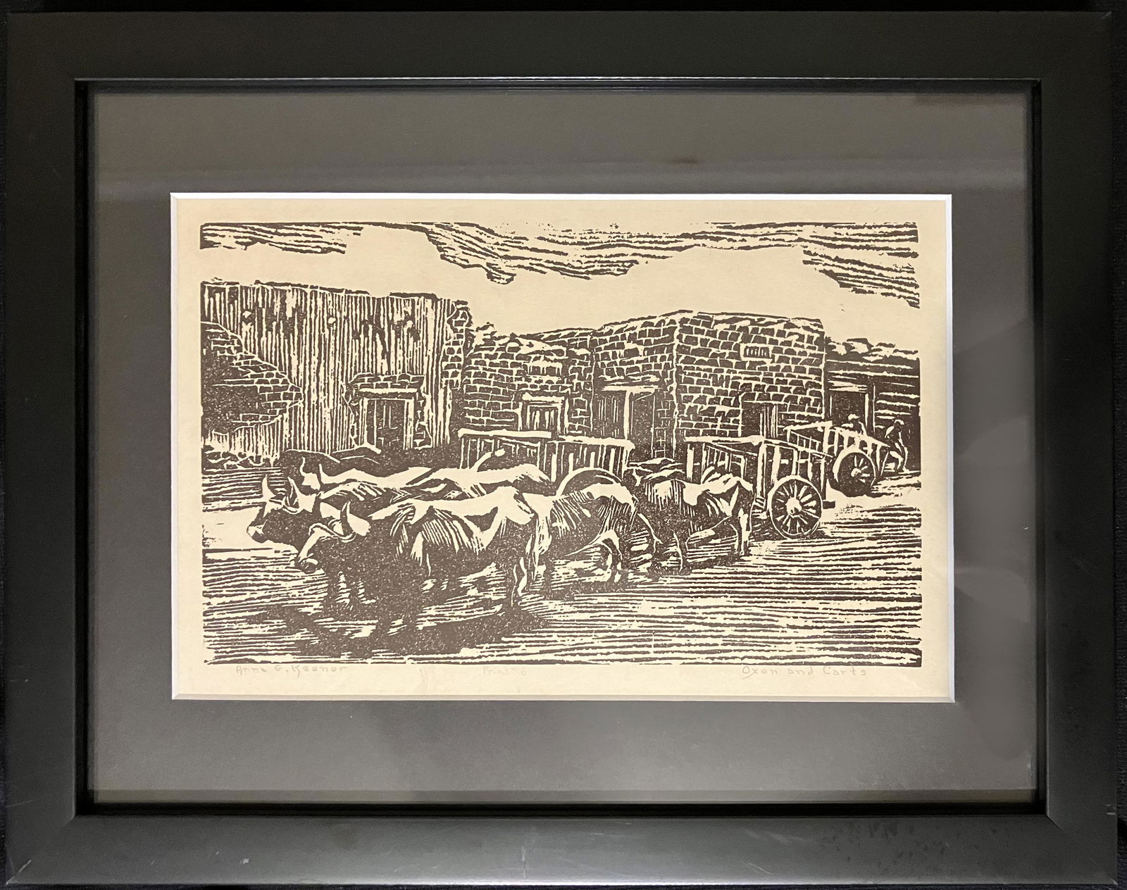 Keener, Anna (18951982) wood block print, "Oxen and Carts" Oct 29