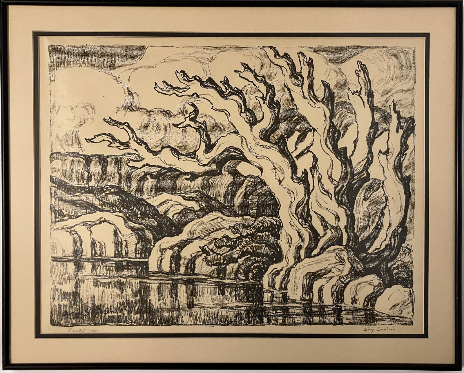 Sandzen, Birger (1871-1954) "Haunted Trees" 1934 lithorgraph: BIrger Sandzen (1871-1954) "Haunted Trees" 1934 lithograph pencil signed lower right, good condition, not examined out of frame, image size: 16 x 21 inches.Born Blidsberg, Sweden, Feb. 5, 1871; died L