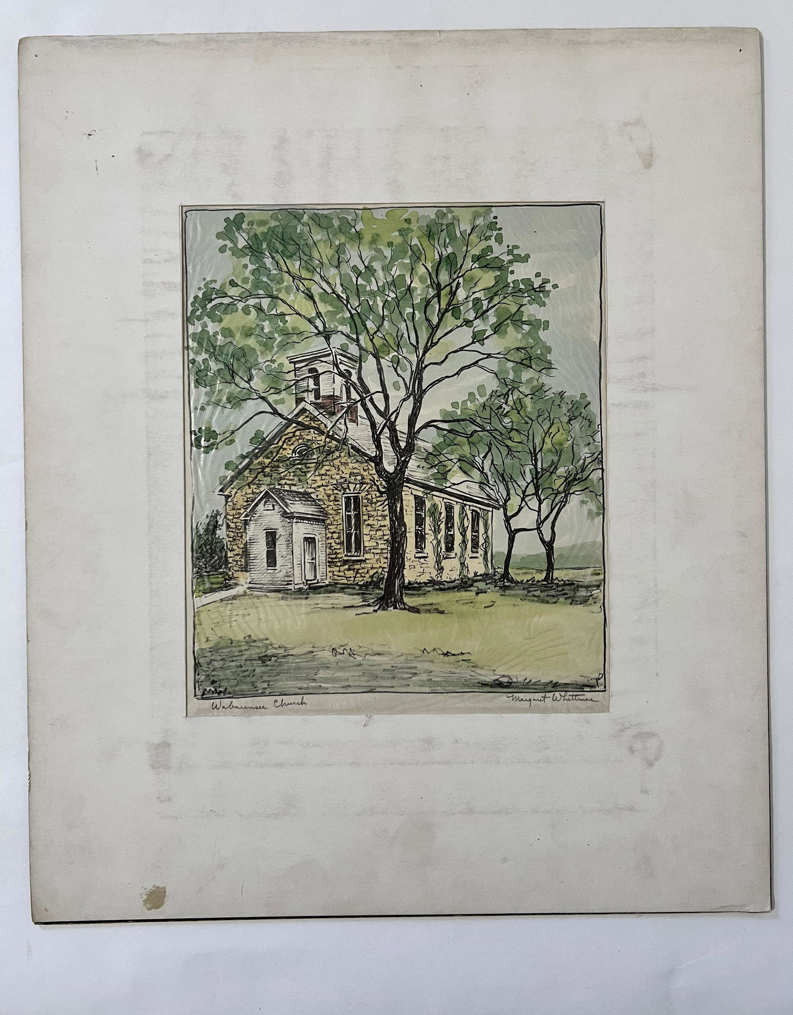 Whittemore, Margaret (1897-1983) color wood block print, "Wabaunsee Church": Maragaret Whittemore (1897-1983) color wood block, "Wabaunsee Church", pencil signed lower right, good condition, unframed, 8.5 x 7.25. Graphic artist, Margaret Whittemore was born into a family of Wa