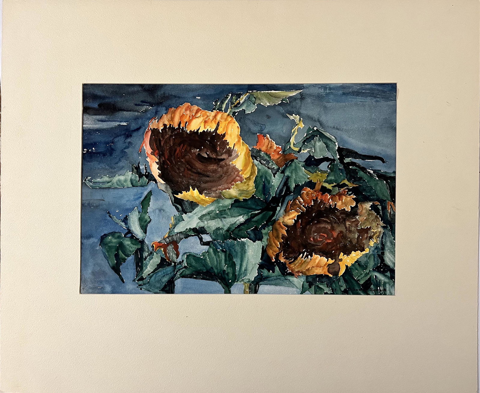 Runbeck, Dolores (1898-1994) watercolor, sunflowers: Dolores Runbeck (1998-1994) watercolor, sunflowers, 1973, signed lower right, good condition, unframed, 14x21.5 inches. Dolores Gaston Runbeck was born in 1898 at Atchinson, Kansas. She studied painti
