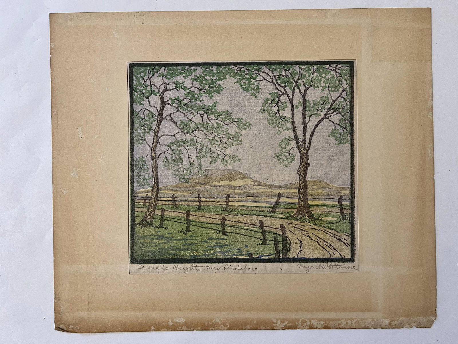 Whittemore, Margaret (1897-1983) color wood block, "Coronado Heights Near Lindsborg": Maragaret Whittemore (1897-1983) color wood block, "Coronado Heights Near Lindsborg" pencil signed lower right, fair condition, appears to be faded, unframed, 8 x 9. Graphic artist, Margaret Whittemor