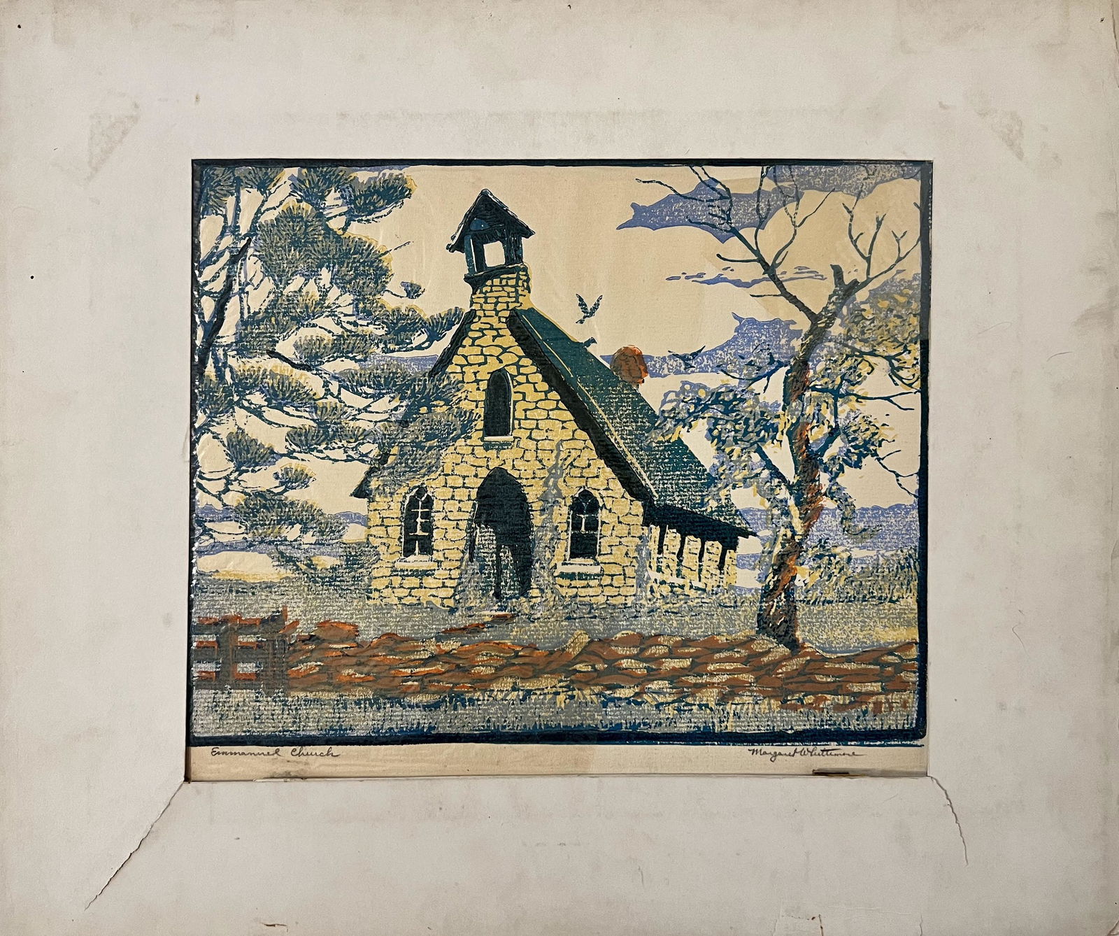 Whittemore, Margaret (1897-1983) Color wood block, "Emmanuel Church, Shawnee County": Maragaret Whittemore (1897-1983) color wood block, "Emmanuel Church, Shawnee County" pencil signed lower right, good condition, unframed, 8 x 10. Graphic artist, Margaret Whittemore was born into a fa