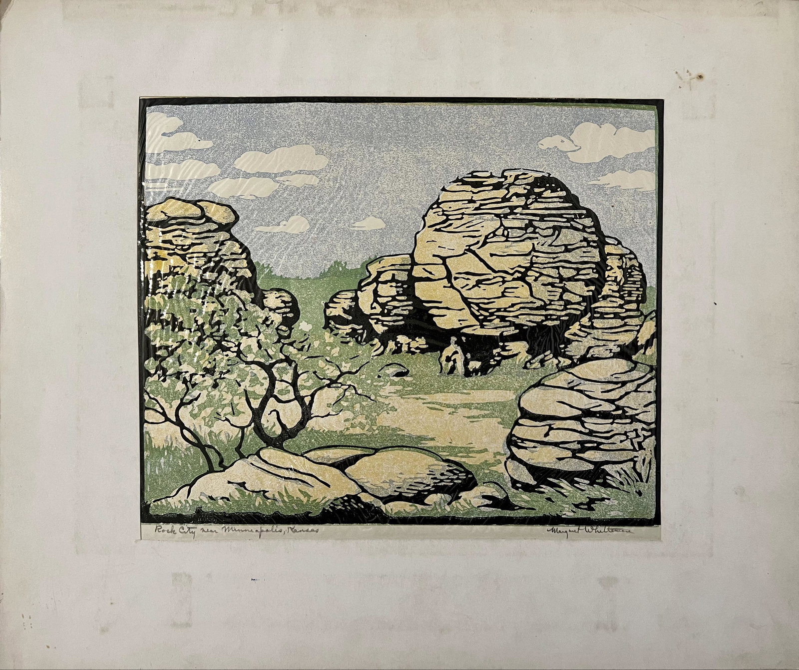 Whittemore, Margaret (1897-1983) Color wood block, "Rock City Near Minneapolis, Kansas": Maragaret Whittemore (1897-1983) color wood block, "Rock City Near Minneapolis Kansas" pencil signed lower right, good condition, unframed, 8.25 x 10. Graphic artist, Margaret Whittemore was born into