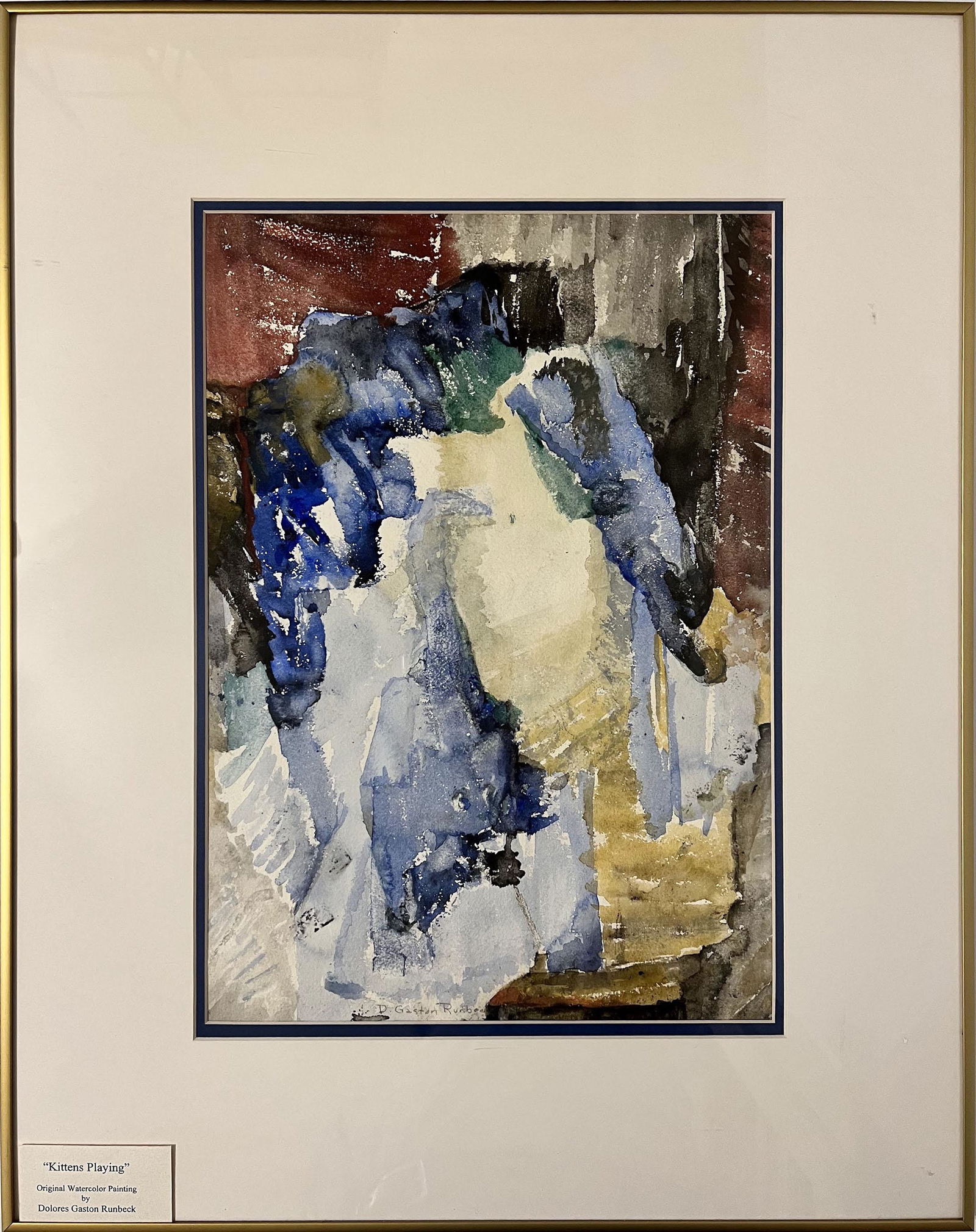 Runbeck, Dolores (1898-1994) watercolor, "Kittens Playing": Dolores Runbeck (1998-1994) watercolor, "Kittens Playing" signed lower center, good condition, 18.75x13 inches. Dolores Gaston Runbeck was born in 1898 at Atchinson, Kansas. She studied painting under