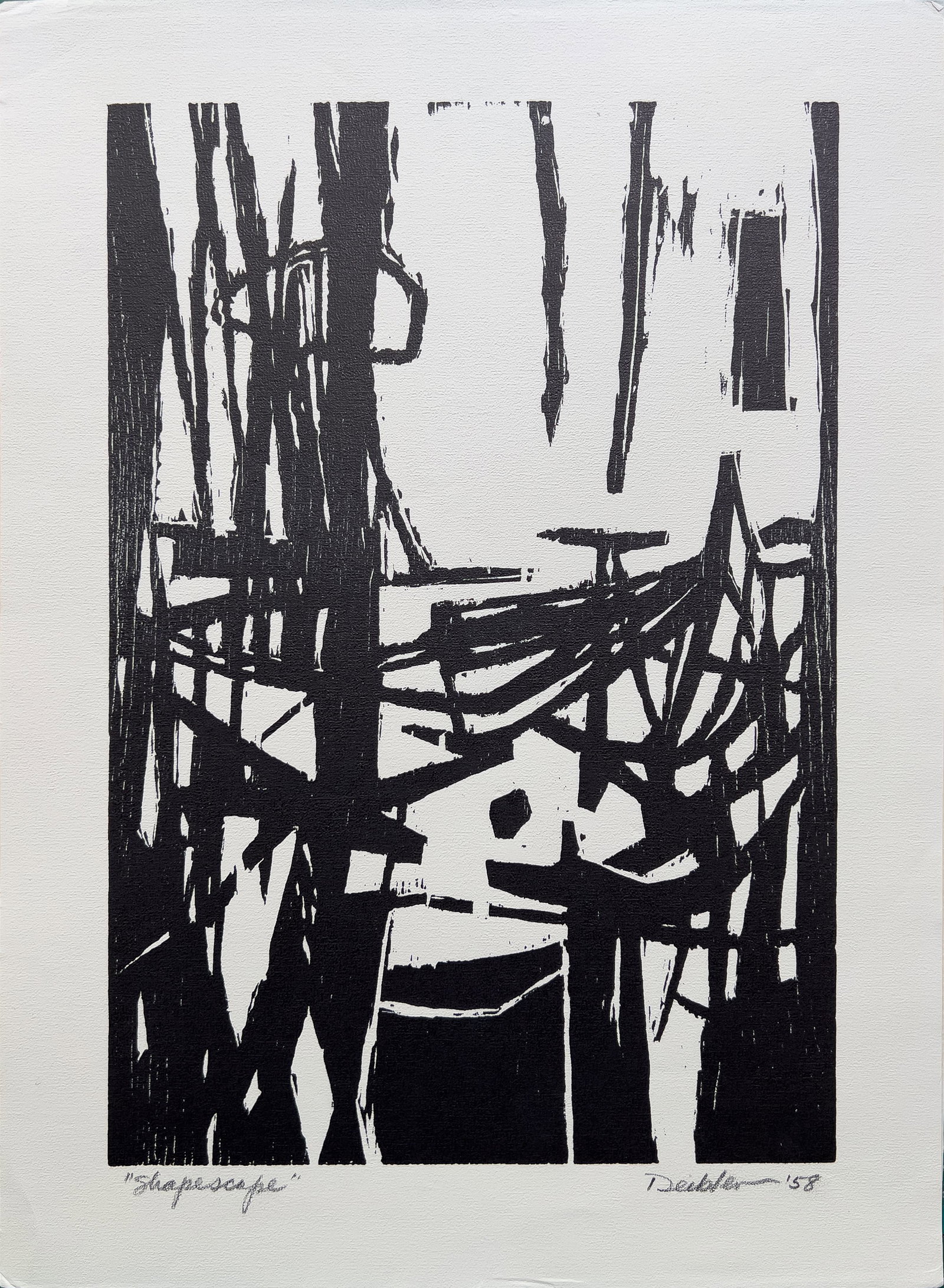 Deibler, Gerald W, (1927-1977) "Shapescape" 1958, woodcut: Gerald W Deibler, (1927-1977) "Shapescape" 1958, woodcut, pencil signed in lower right, good condition, no tears or creases. Gerald Deibler was painting professor at Kansas State University, Manhattan