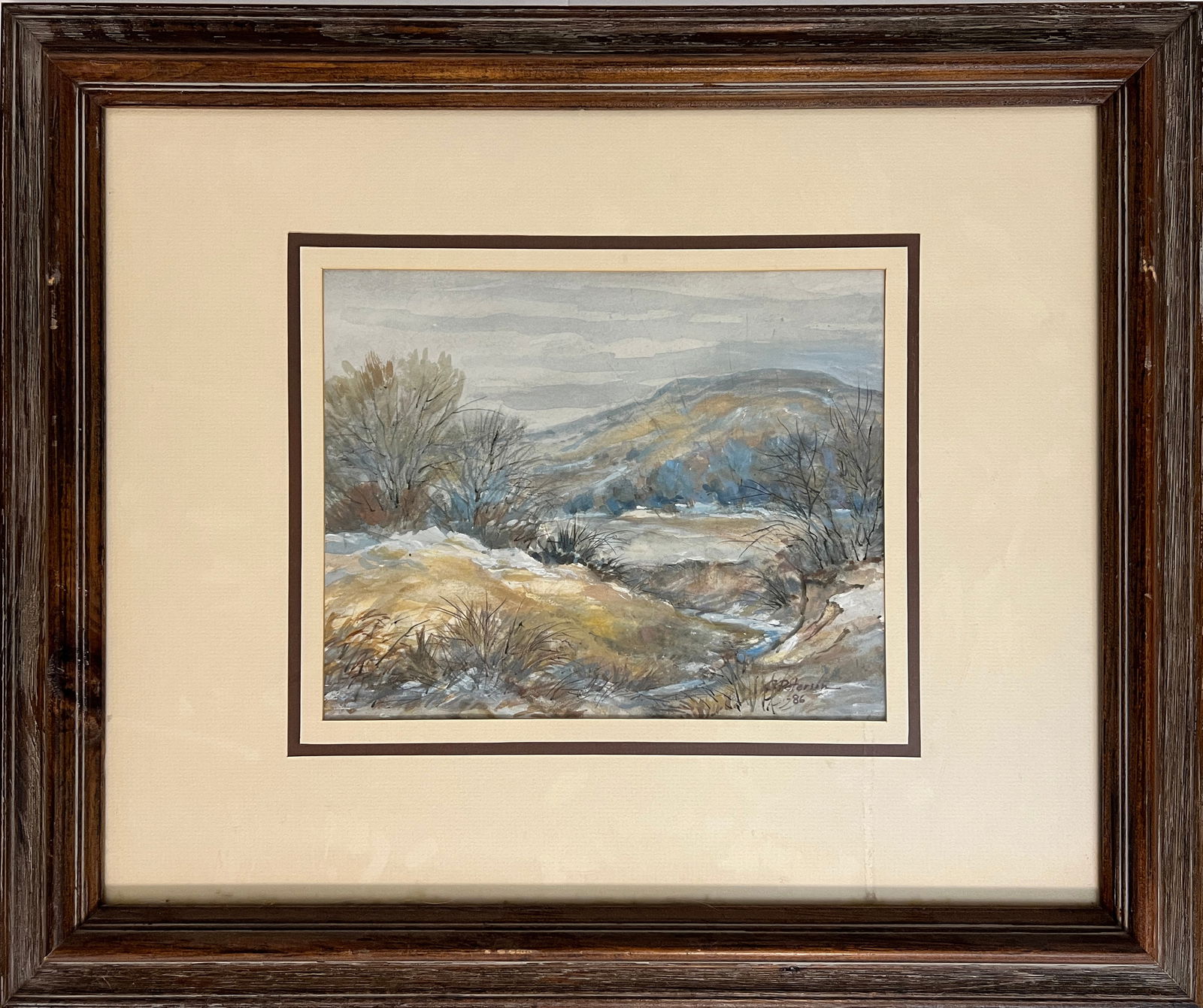 Peterson, Carl (1919-2009) untitled winter landscape, 1986, watercolor: Carl Peterson (1919-2009) watercolor, 1986, untitled winter landscape, signed lower right, good condition, image size 9" x 11.25". Carl Peterson (1919-2009) graduated from Lindsborg High School and st