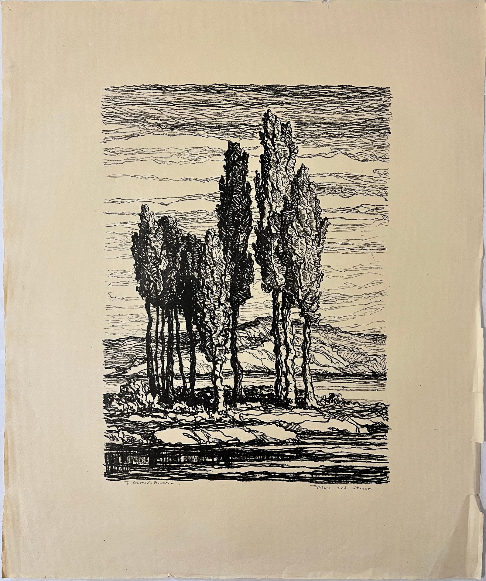 Runbeck, Dolores (1898-1994) lithograph, "Poplars and Stream": Dolores Runbeck (1898-1994) "Poplars and Stream" lithograph, pencil signed in lower right, good condition with tears in the margins, size: 17.5 x 12.5 inches. Born in Atchison, Kansas, in 1898 and die