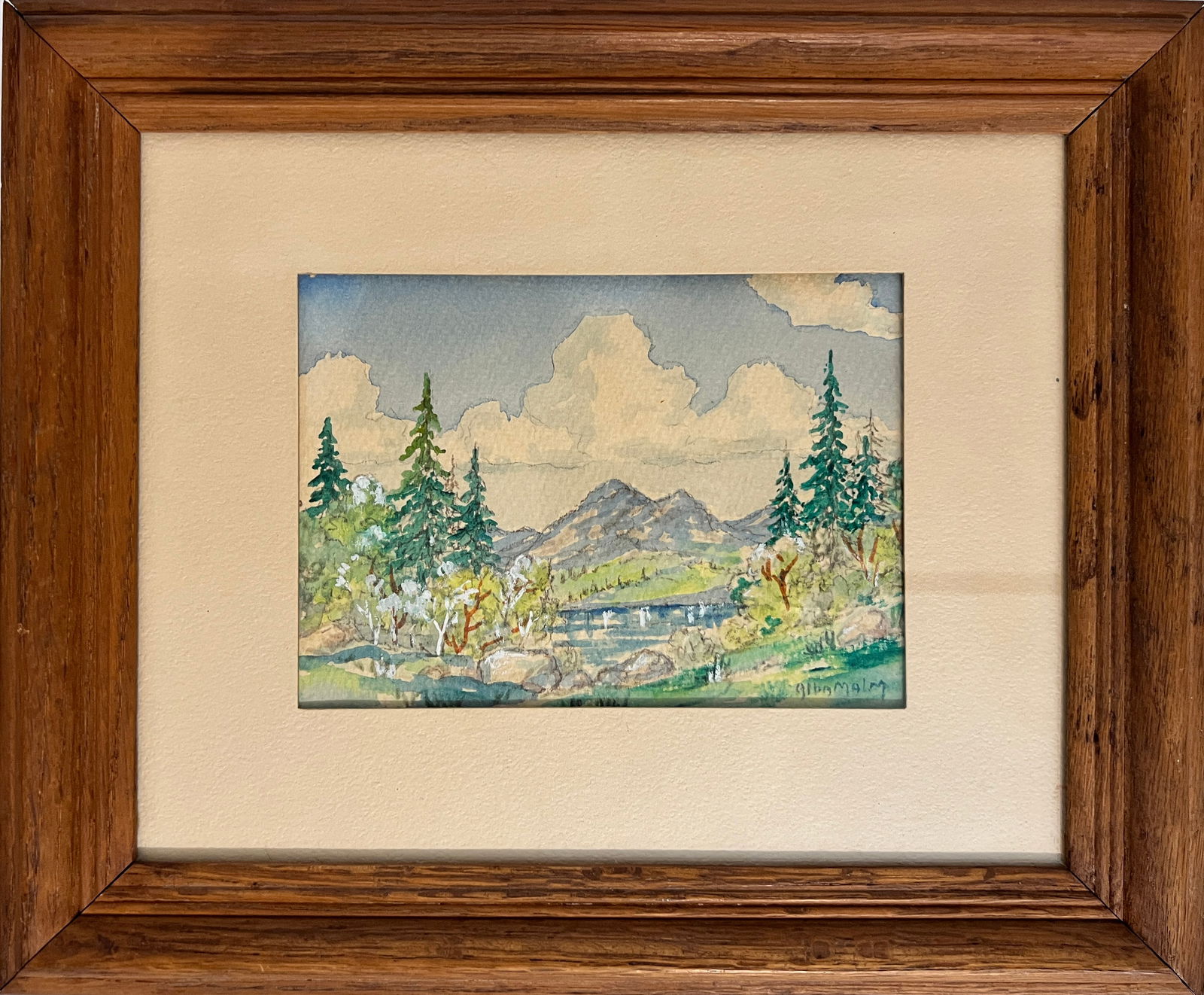 Malm, Alba (1897-1986) watercolor, untitled hills with pond (1 of 4)