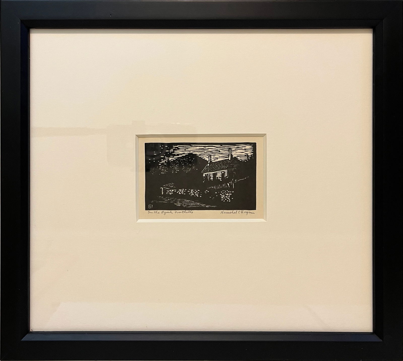 Logan, Herschel (1901-1987) "In the Ozark Foothills" block print: Herschel Logan (1901-1987) block print "In the Foothills" pencil signed lower right, good condition, image size: 3 x 4.5 inches. Born in Magnolia, Missouri in 1901, and reared from early childhood on