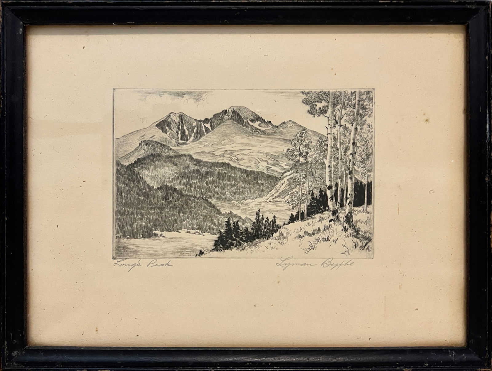 Byxbe, Lyman (1886-1980 ) etching, "Long's Peak": Lyman Byxbe, (1886-1980 ) etching, "Long's Peak" pencil signed lower right, good condition, image size: 3 x 4.75 inches.