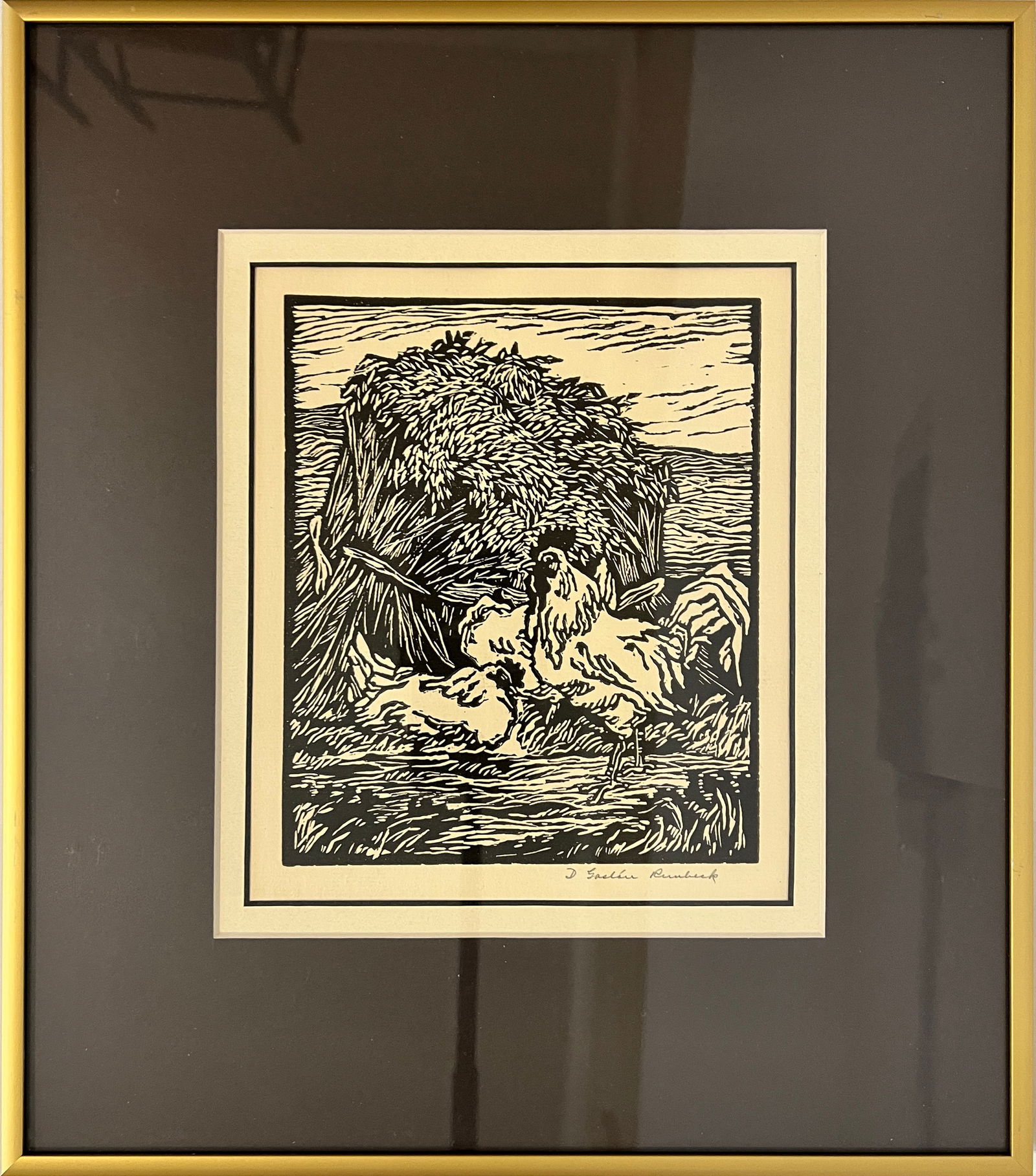 Runbeck, Dolores (1898-1994) linoleum print, untitled chickens and wheat shock (1 of 4)