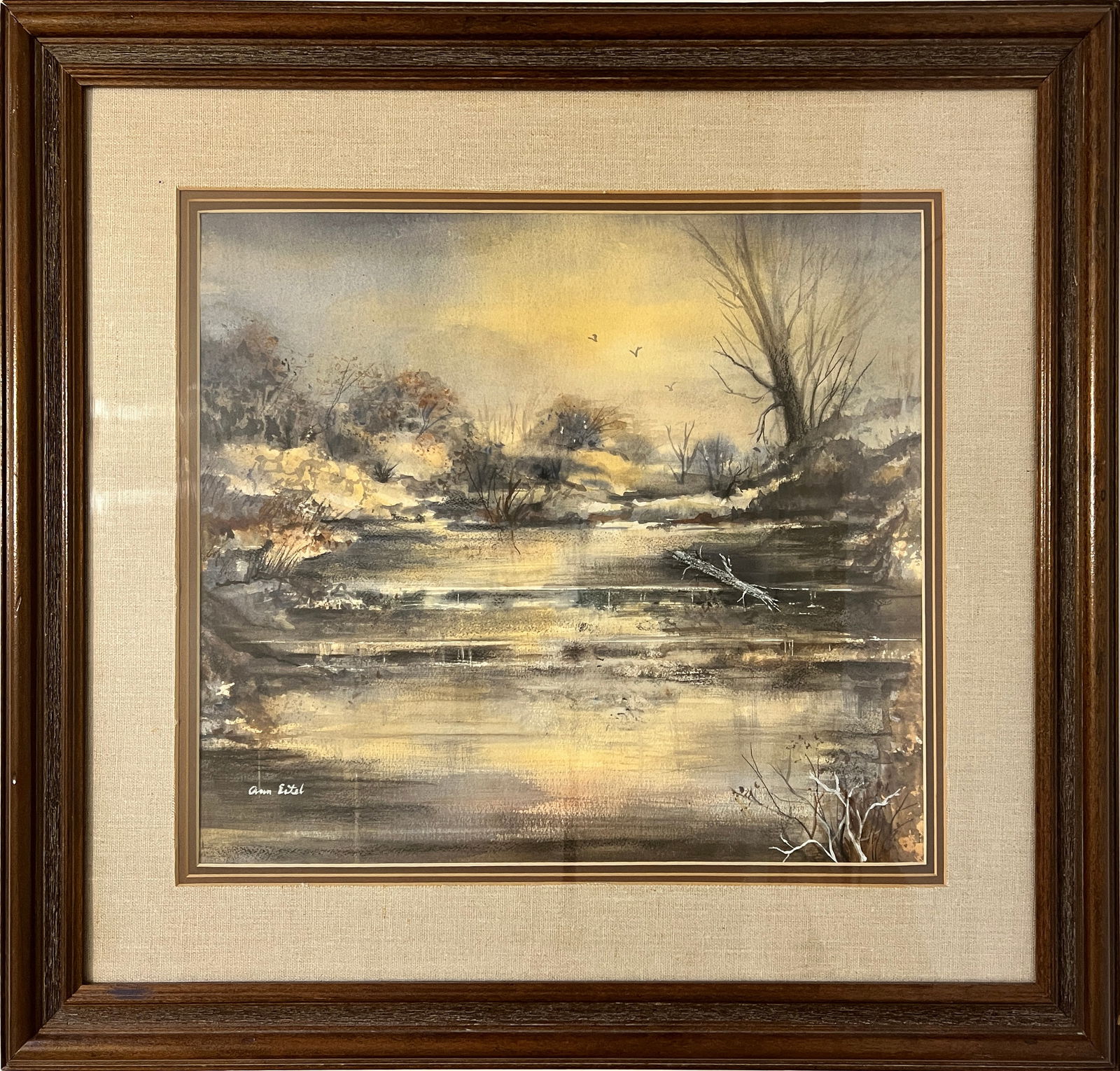 Eitel, Ann (1930-2017) watercolor, untitled winter pond: Ann Eitel (1930-2017) untitled winter pond, watercolor, signed lower left, good condition, image size: 15.5 x 18.25 inches. Anna graduated from Sacred Heart High School in 1948 and later graduated fro
