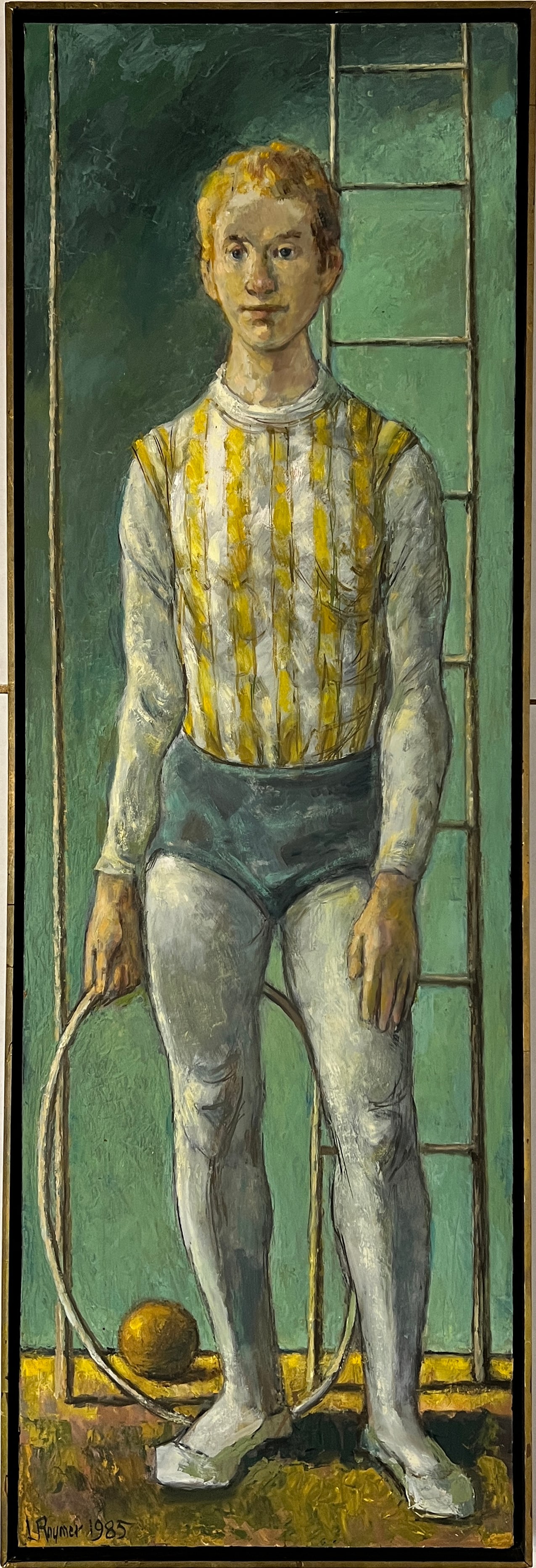 Raymer, Lester (1907-1991) oil on board, 1985 "Acrobat with Hoop": Lester Raymer (1907-1991) oil on board, 1985 "Acrobat with Hoop" signed lower left, good condition, size including Raymer frame: 47 x 16 x 1.5 inches. Lester Raymer, born in 1907, grew up on a farm ju