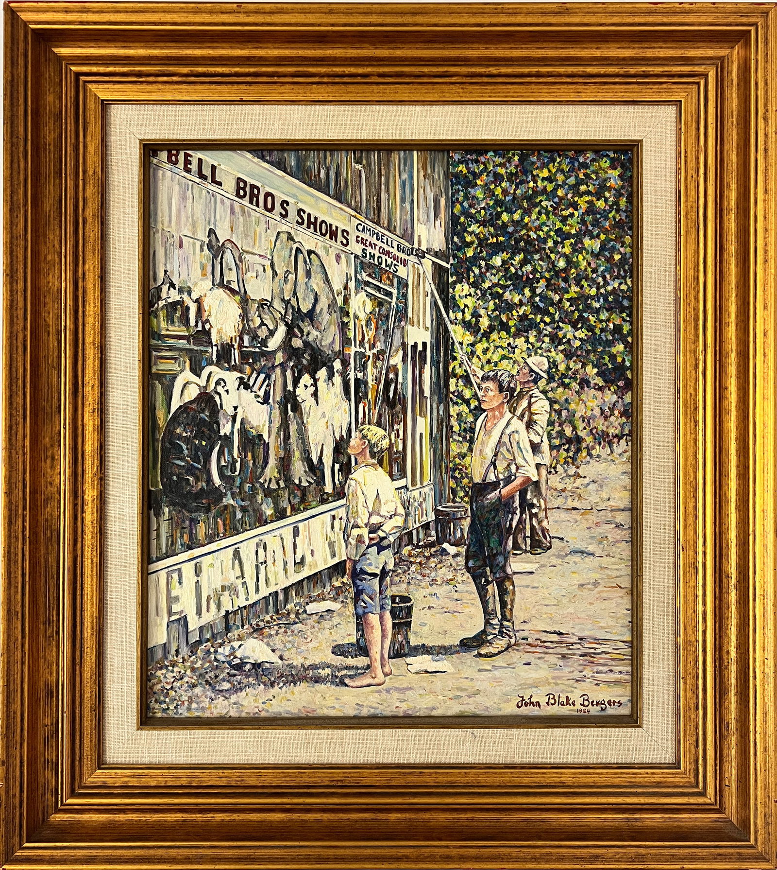 Bergers, John Blake (1931-2011) "Bell Bros Shows" 1984 oil on canvas: Bergers, John Blake (1931-2011) "Bell Bros Show" 1984 oil on canvas, signed John Blake Bergers in lower right, good condition, image size: 14 x 12 inches, John William Blake Bergers, Lindsborg, was bo