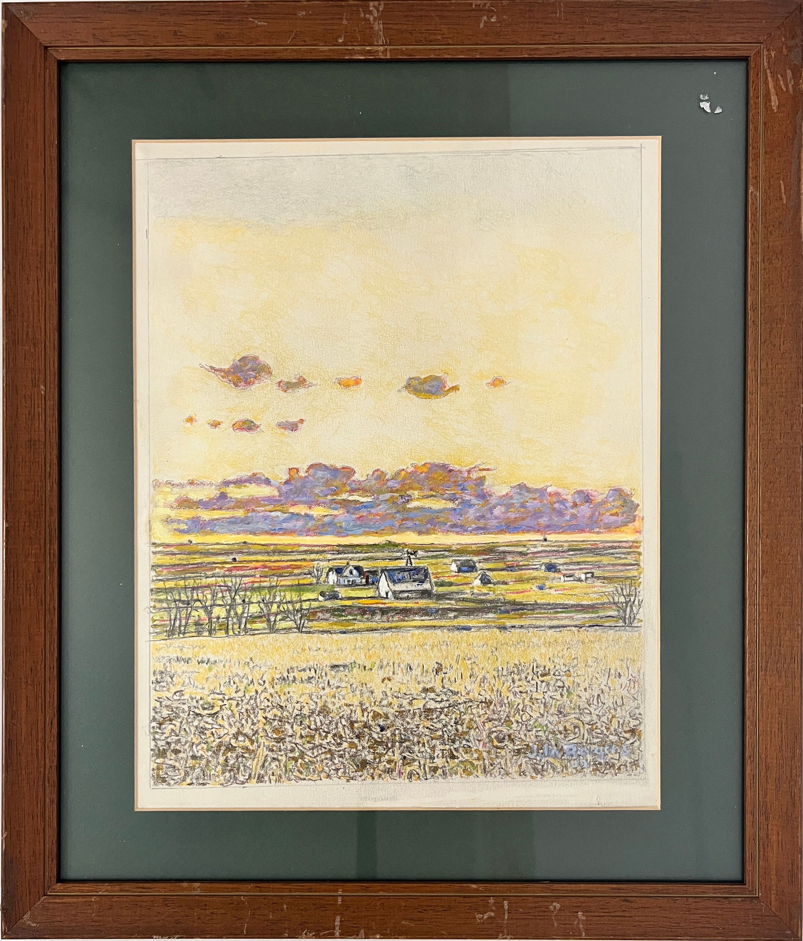 Bergers, John Blake (1931-2011) untitled prairie farm, 2009 colored pencil: Bergers, John Blake (1931-2011) untitled prairie farm, 2009 colored pencil, signed John Bergers in lower right, good condition, image size: 13 x 10 inches. John William Blake Bergers, Lindsborg, was b