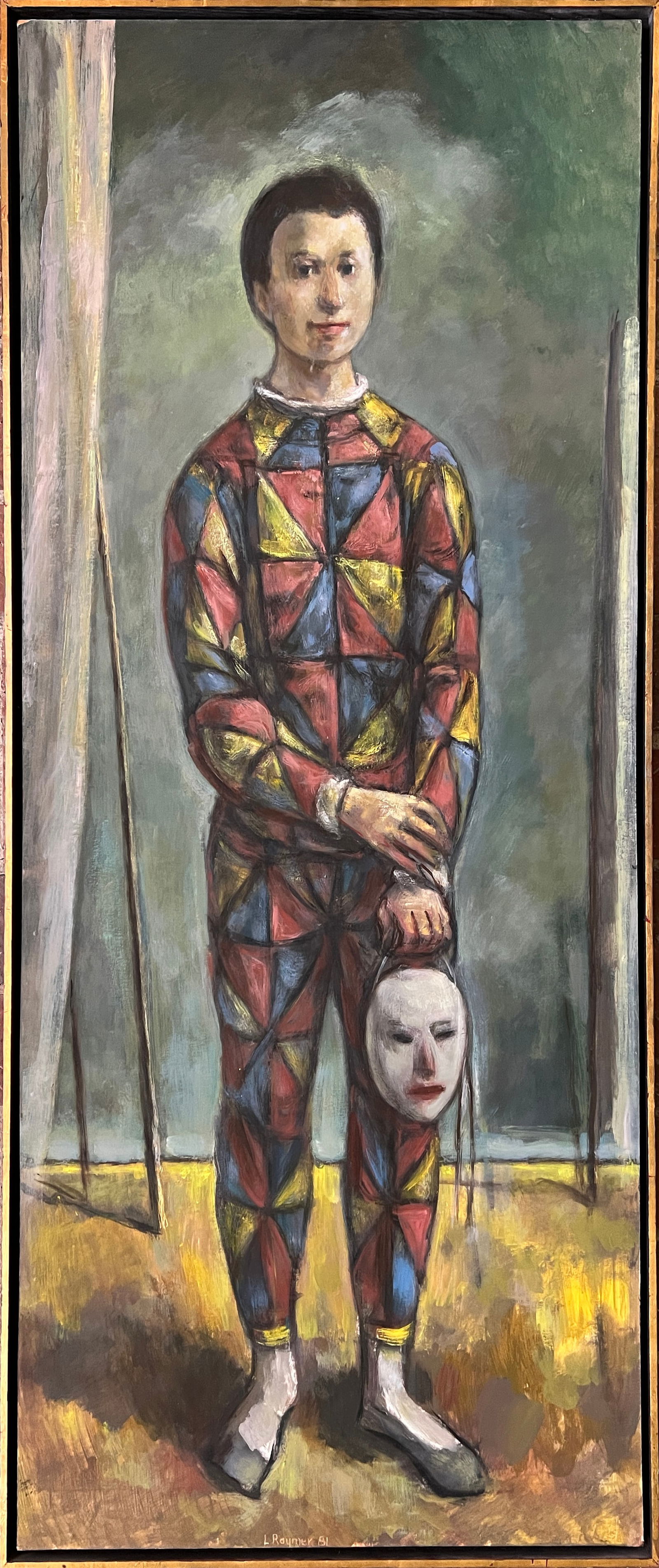 Raymer, Lester (1907-1991) untitled clown with mask, 1981 oil on board, (1 of 6)