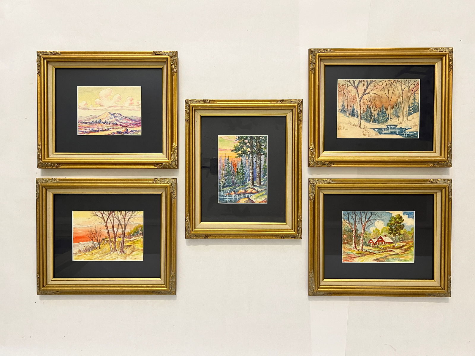 Malm, Alba (1897-1986) set of 5 untitled watercolors: Malm, Alba (1897-1986) set of 5 untitled watercolors, hills, image size: 3.5 x 5.75 inches, barn, image size: 4.5 x 6.75, mountain stream, image size: 6 x 4.5 inches, orange landscape, image size: 4.5