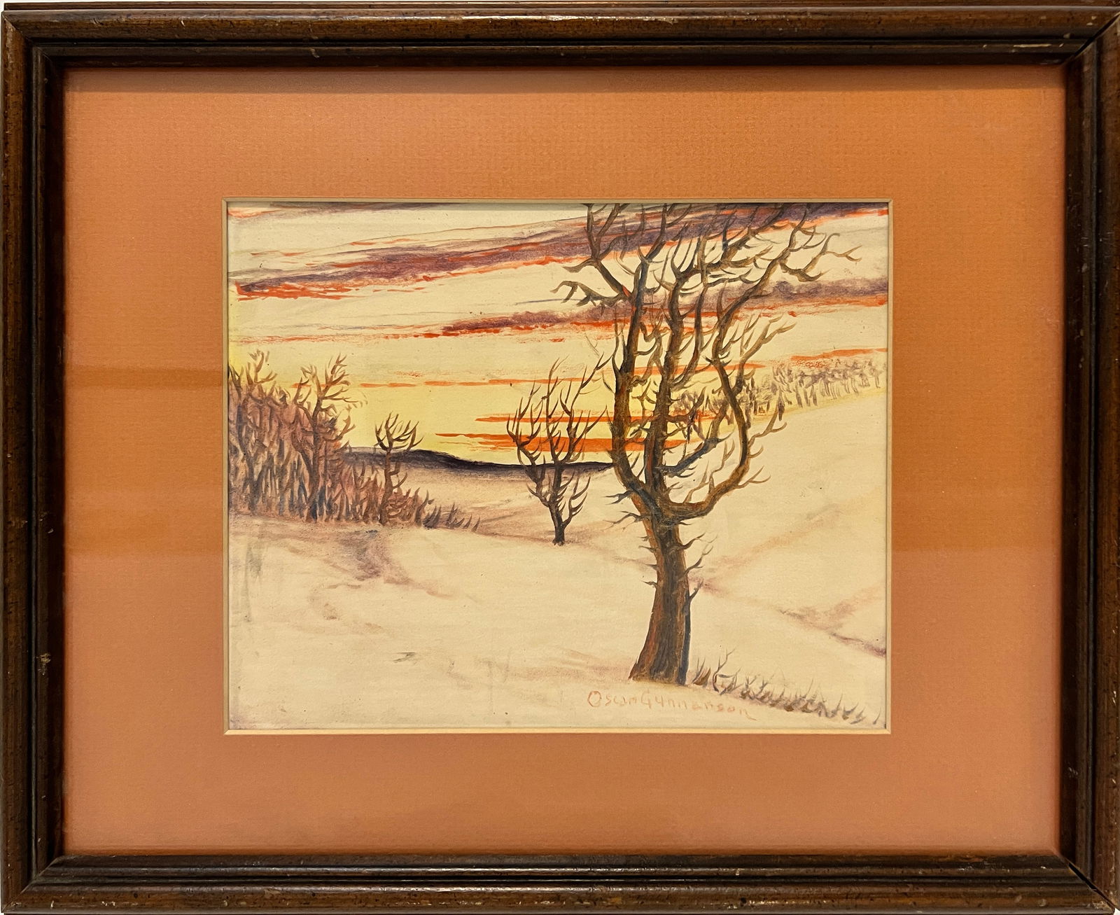 Gunnerson, Oscar (1884-1962) untitled winter sunset, watercolor: Gunnerson, Oscar (1884-1962) untitled winter sunset, watercolor, signed lower right, fair condition, appears to be faded, image size: 6.25 x 8 inches. Oscar Gunnarson (1884-1962) was born in Lindsborg