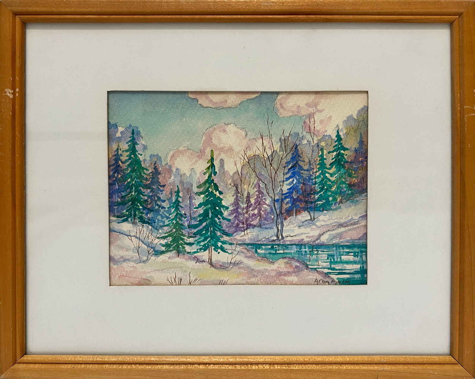 Malm, Alba (1897-1986) untitled winter pine trees, watercolor: Malm, Alba (1897-1986) untitled winter pine trees, watercolor, signed Alba Malm in lower right, good condition, imaged size: 4.5 x 6 inches. Alba Malm (1897-1986) was born Lindsborg, Kansas, 1897 and