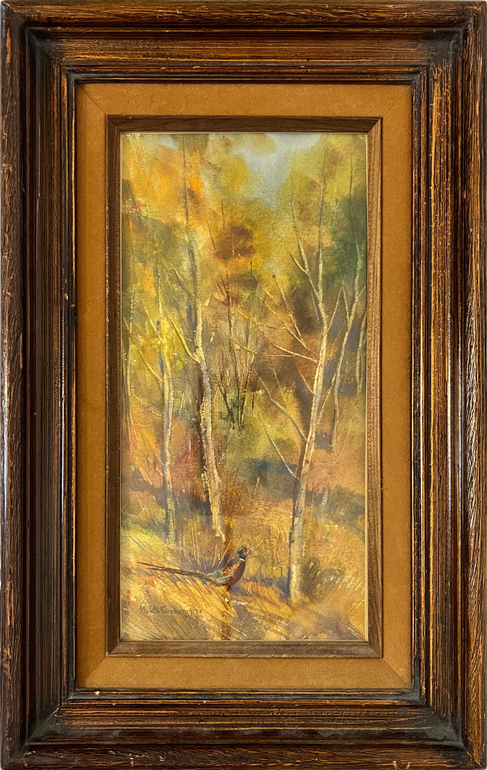 Forsberg, Maleta, "Lone Pheasant", watercolor: Forsberg, Maleta, "Lone Pheasant", watercolor, signed lower left, good condition, image size: 5.5 x 3.5 inches. Maleta Forsberg is active/lives in Kansas. Maleta Forsberg is known for Rural landscape,