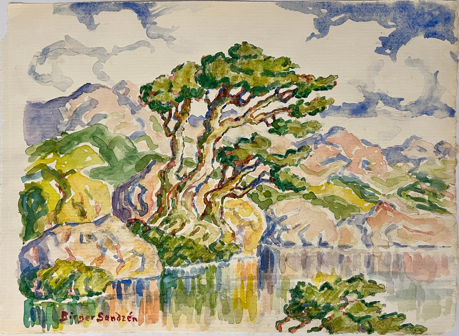 Sandzen, Birger (1871-1954) untitled mountain lake, watercolor: Sandzen, Birger (1871-1954) untitled mountain lake, watercolor, signed lower left, good condition, no mat or frame, image size: 9.5 x 12.5 inches. Birger Sandzen had a long distinguished career as an