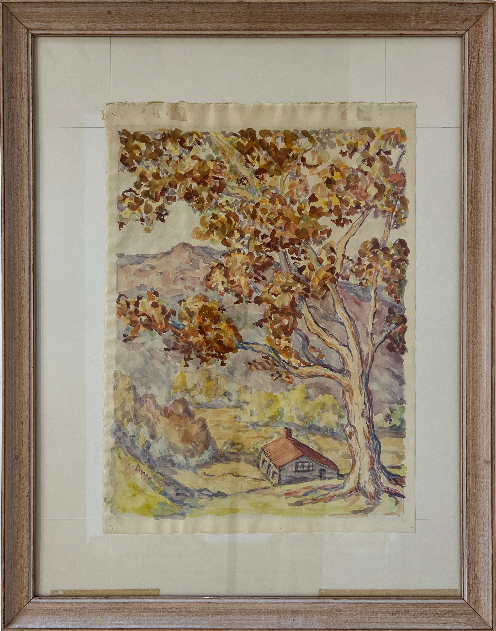 Deere, Lydia (1873-1923) untitled house with large oak, watercolor: Deere, Lydia (1873-1923) untitled house with large oak, watercolor, pencil signed in lower left, good condition, appears to have some fading, image size: 13.75 x 10.25 inches. Born in Holmes City, Min