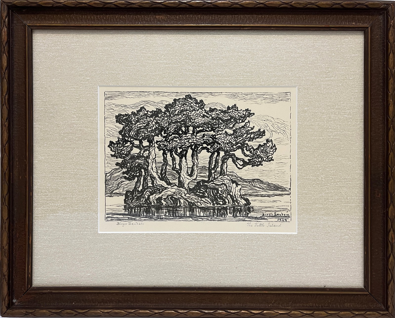 Sandzen, Birger (1871-1954) "The Little Island" 1924 lithograph: 25. Birger Sandzen had a long distinguished career as an art professor at Bethany College in Lindsborg, Kansas and as an impressionist landscape painter. He is best known for his modernist style with 