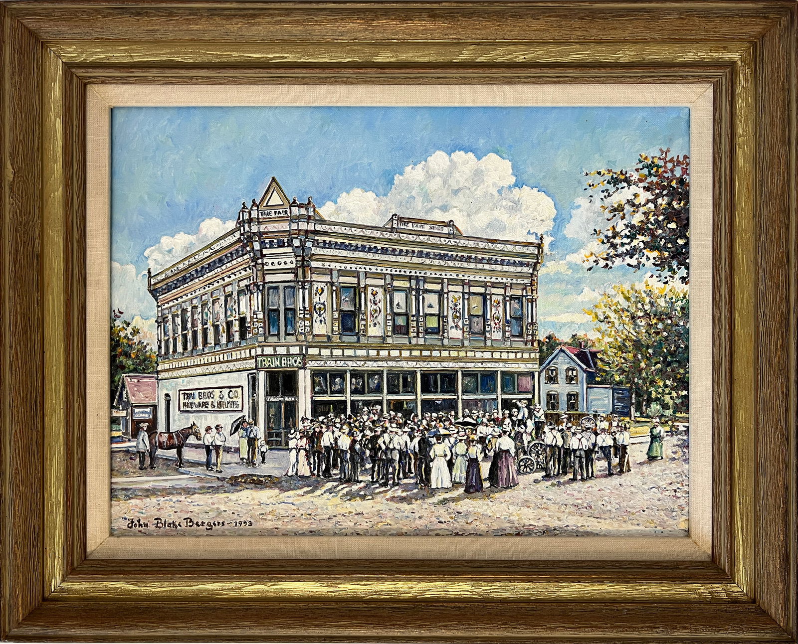 Bergers, John Blake (1931-2011) "Train Bros. & Co-The Fair Store, Lindsborg, KS in the 1890s, 1993: Bergers, John Blake (1931-2011) "Train Bros. & Co-The Fair Store, Lindsborg, KS in the 1890s, 1993 oil on canvas, signed in lower left, good condition, canvas size: 12 x 16 inches. John William Blake