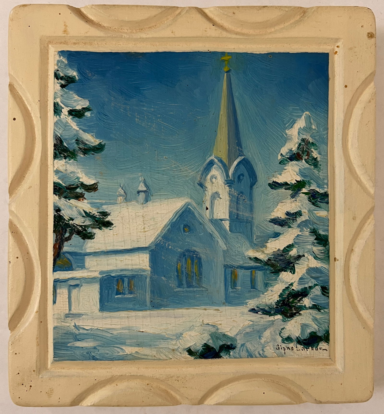 Larson, Signe (1908-1993) untitled Bethany Lutheran Church, Lindsborg, KS, oil on board: Larson, Signe (1908-1993) untitled Bethany Lutheran Church, Lindsborg, KS, oil on board, signed in lower left, good condtion, image size: 4.5 x 4 inches. Signe Larson (1908-1993) was born in Buxton, I