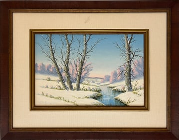 Gunnerson, Oscar (1887-1962) untitled trees, creek, sunrise, oil on canvas board