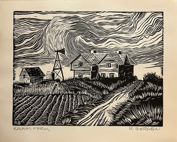 Bergen Richard (1925-2020 "Kansas Farm" linoleum print