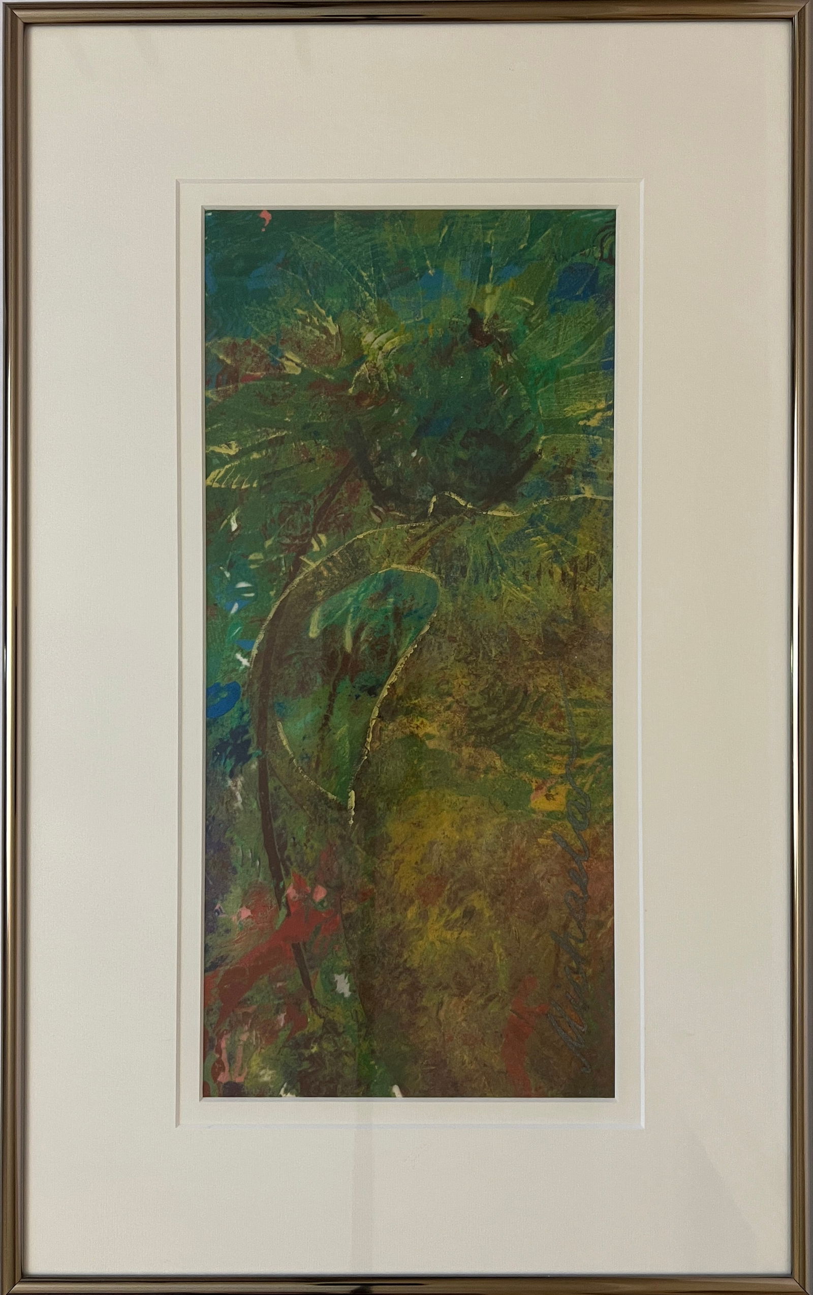 Groeblacher, Michaela, untitled sunflower, mixed media: Michaela Groeblacher, untitled sunflower, mixed media, signed in lower right, good condition, image size: 14 x 6.5 inches. Born and raised in Austria/Europe, emigrated to America with her family in 19